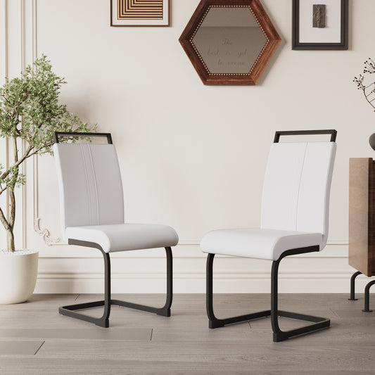 Cavia PU Dining Chairs – 2 White Faux Leather High-Back Seats with C-Shaped Frame