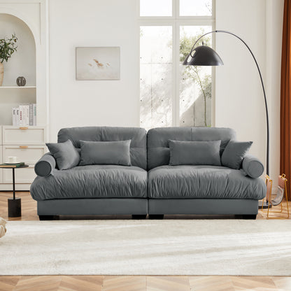 Duo Plush Sofa – Grey Velvet 2-Seat Lounge with Bolster Arms, Waist Cushions & Accent Pillows