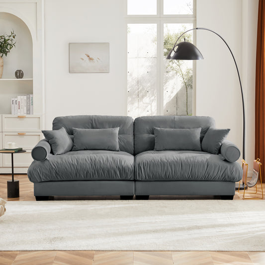 Duo Plush Sofa – Grey Velvet 2-Seat Lounge with Bolster Arms, Waist Cushions & Accent Pillows