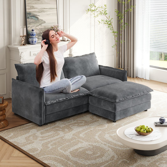 NestEdge ‘CorduNest” Loveseat Sectional – Deep Seat Corduroy 2-Seater + Ottoman | 2 Cushions