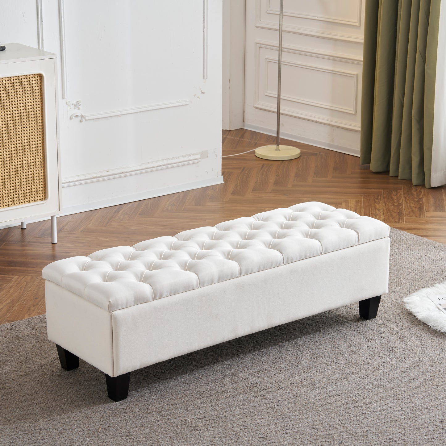 Button - Tufted and Diamond - Stitched Storage Ottoman, White
