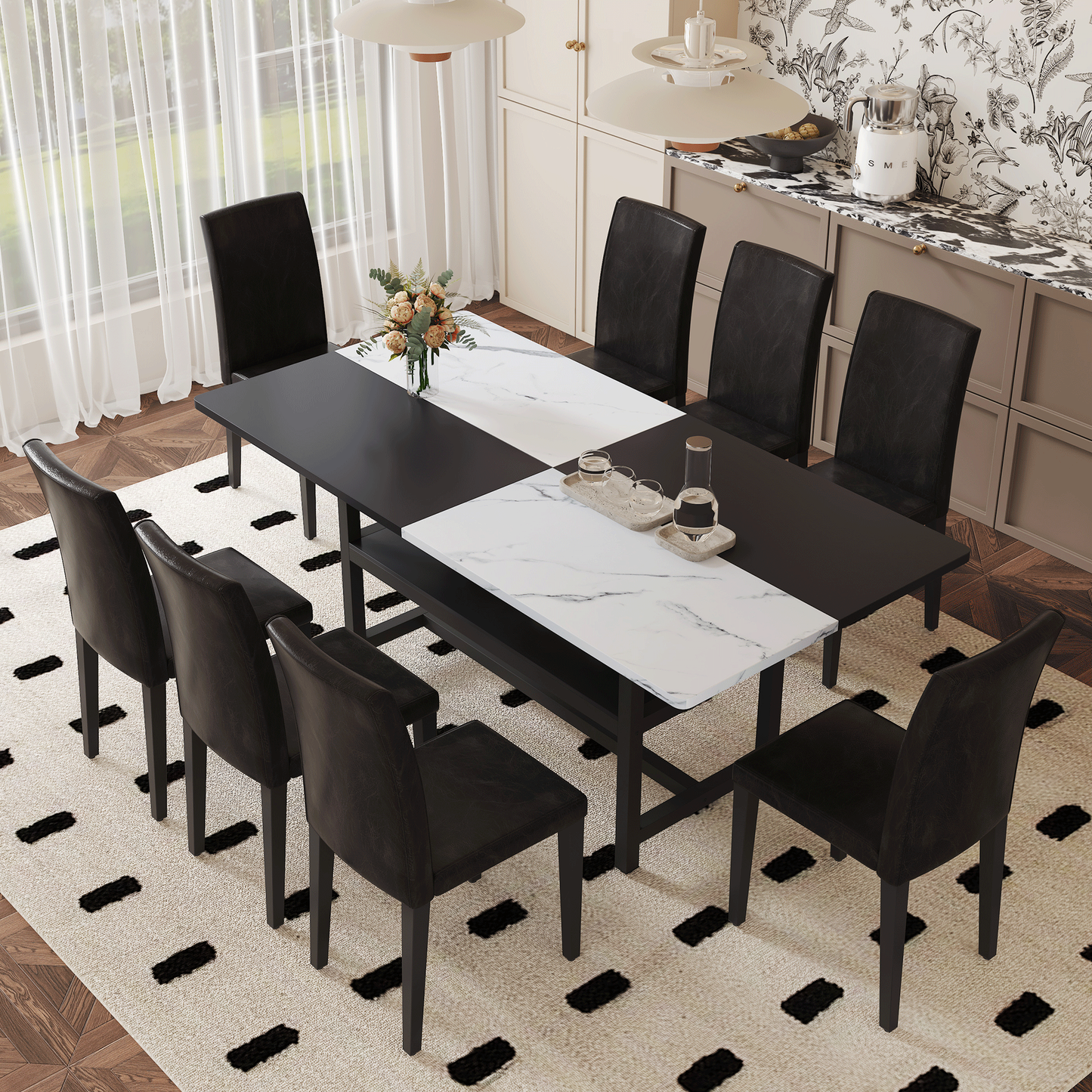 Duowood 9‑Piece Dining Set – Split-Tone Storage Table with 8 Black PU Chairs