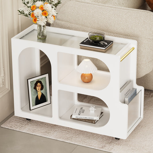 Movira Glass End Table – White Mobile Side Table with Fluted Glass Top