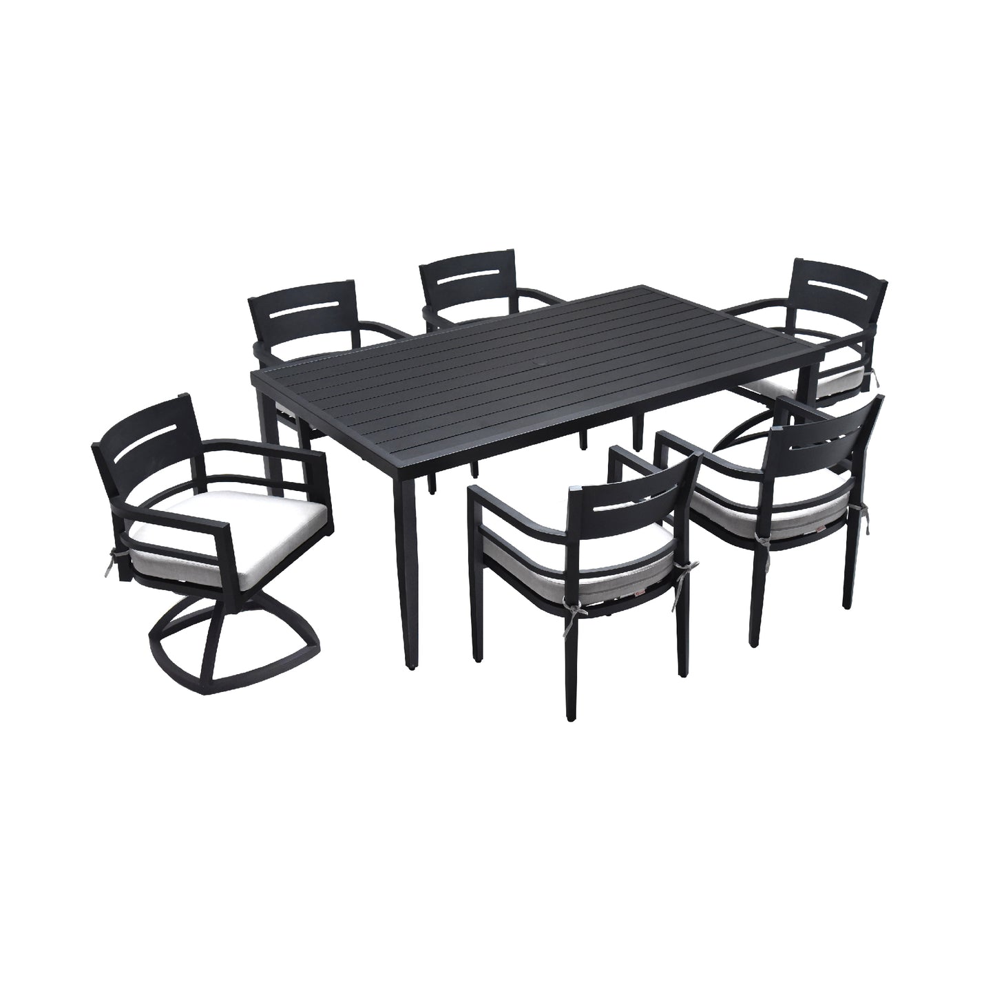 Brancliff 7-Piece Aluminum Dining Set – Ember Black Table with Sunbrella Cushioned Chairs & Swivel Rockers