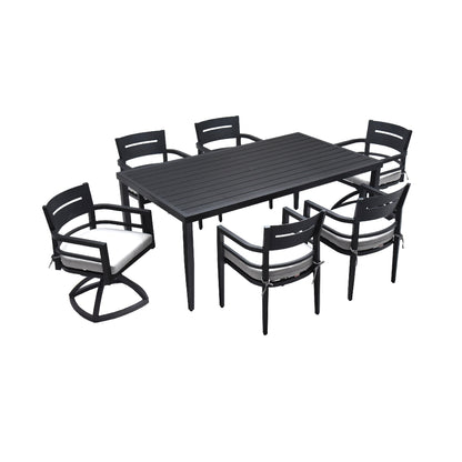 Brancliff 7-Piece Aluminum Dining Set – Ember Black Table with Sunbrella Cushioned Chairs & Swivel Rockers