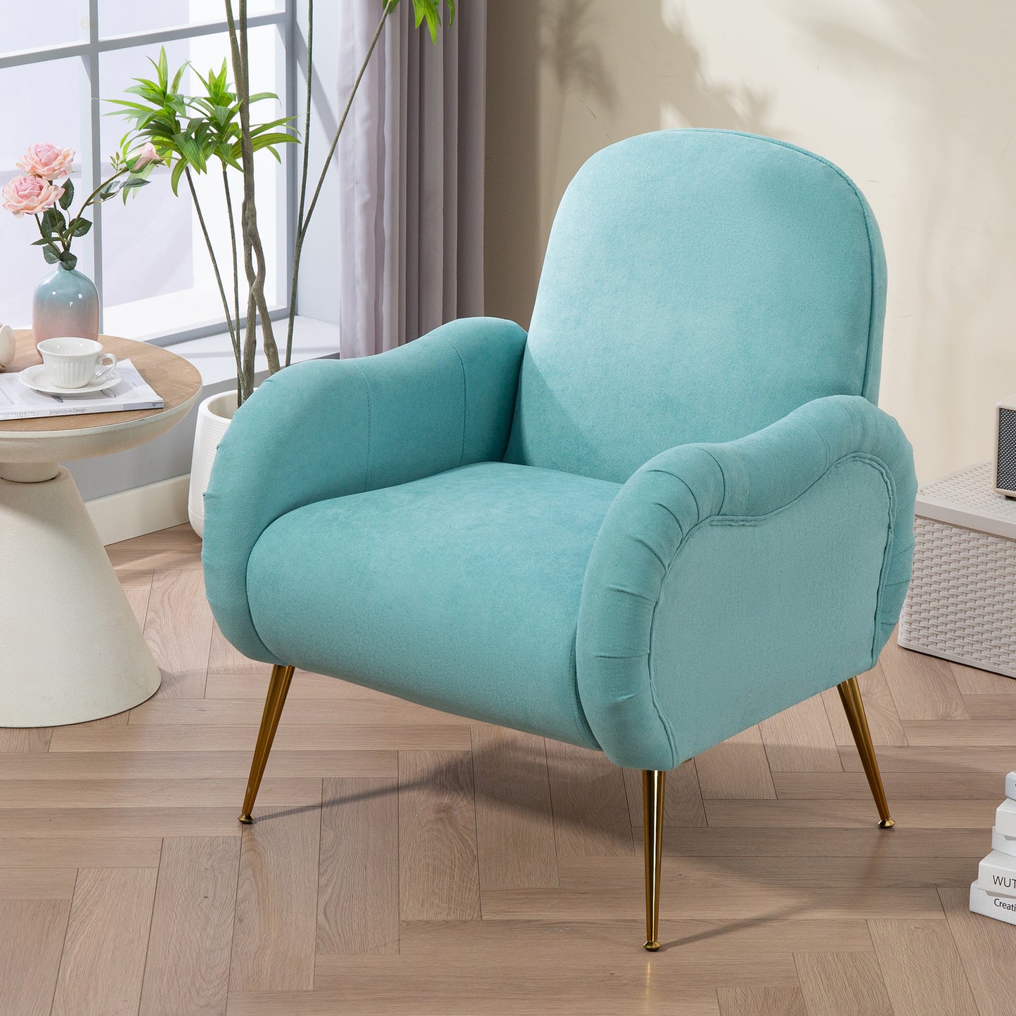Lurelle Chair – Cyan Snowflake Fabric, Gold Metal Legs, Chic Club Design