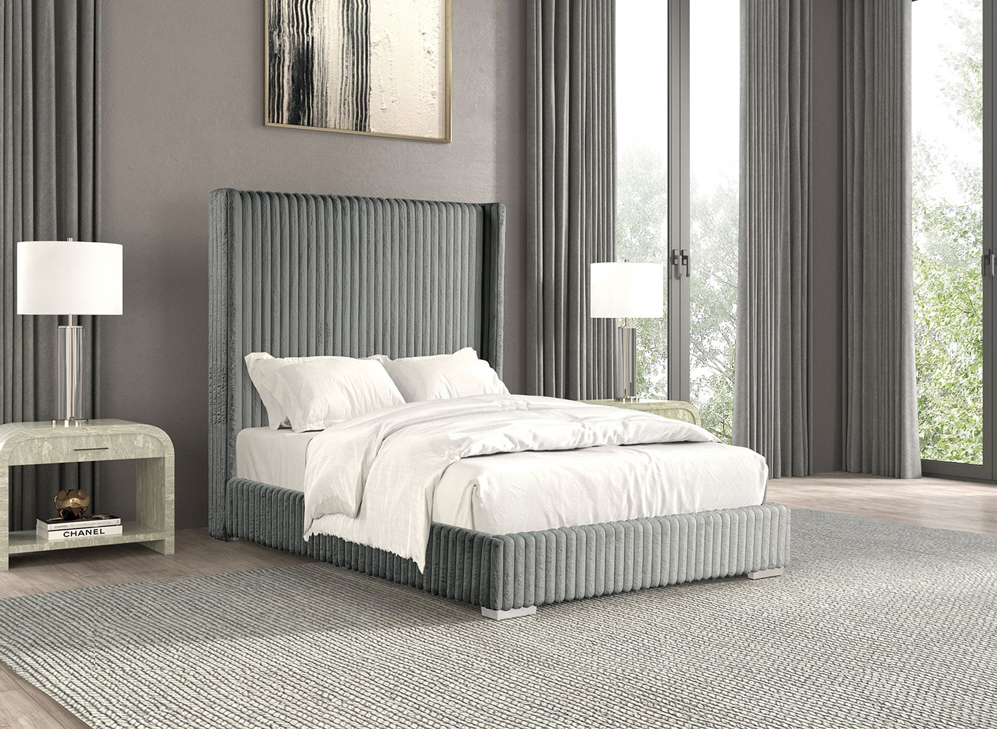 Velvra Full Bed – Gray Fur Chenille Mattress-Ready Frame (1pc)