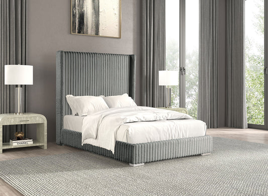 Velvra Queen Bed – Gray Fur Chenille Mattress-Ready Frame (1pc)