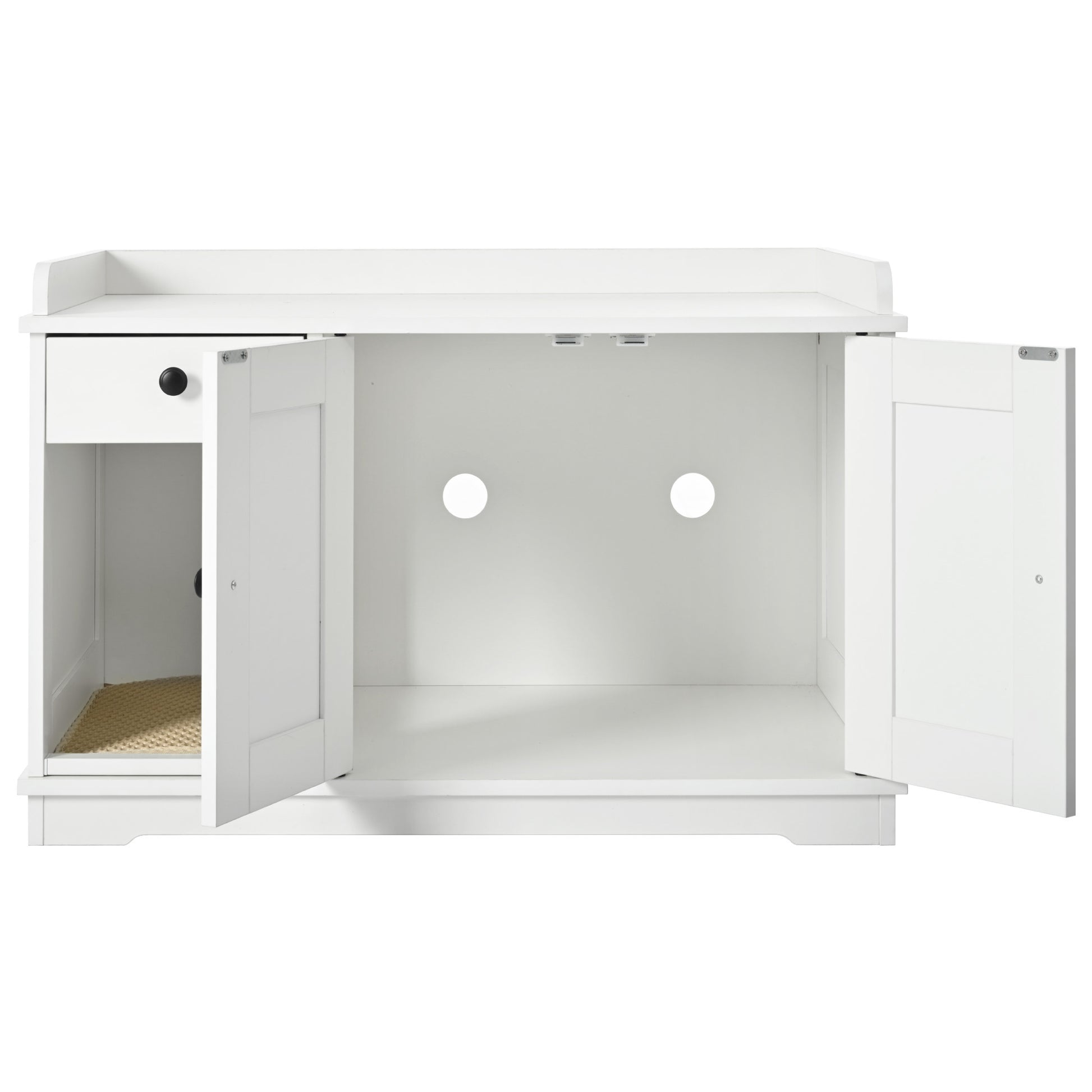 Nuvio Farmhouse Litter Cabinet – White Cat Enclosure with Drawer, Litter Mat & Side Table Functionality - JUSTLIVE NESTJUSTLIVE NEST