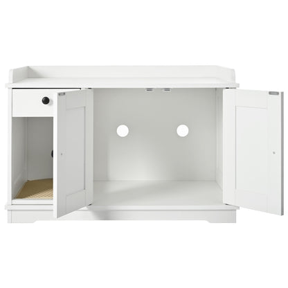 Nuvio Farmhouse Litter Cabinet – White Cat Enclosure with Drawer, Litter Mat & Side Table Functionality - JUSTLIVE NESTJUSTLIVE NEST