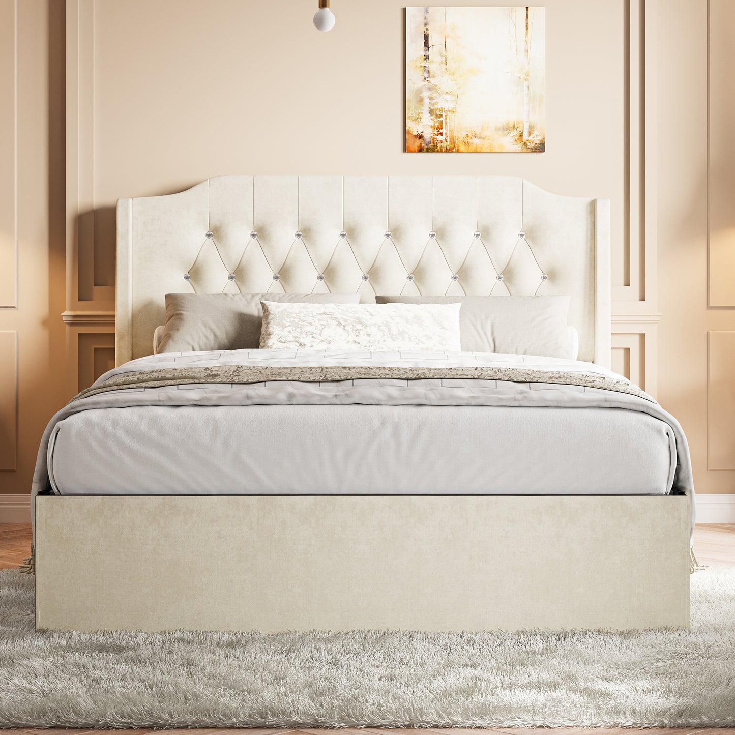 Vervia Tufted Queen Bed – Beige Wingback Upholstered Frame with Crystal Buttons & Storage