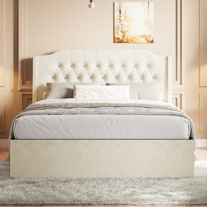 Vervia Tufted Queen Bed – Beige Wingback Upholstered Frame with Crystal Buttons & Storage