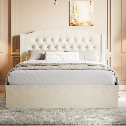 Vervia Tufted Queen Bed – Beige Wingback Upholstered Frame with Crystal Buttons & Storage