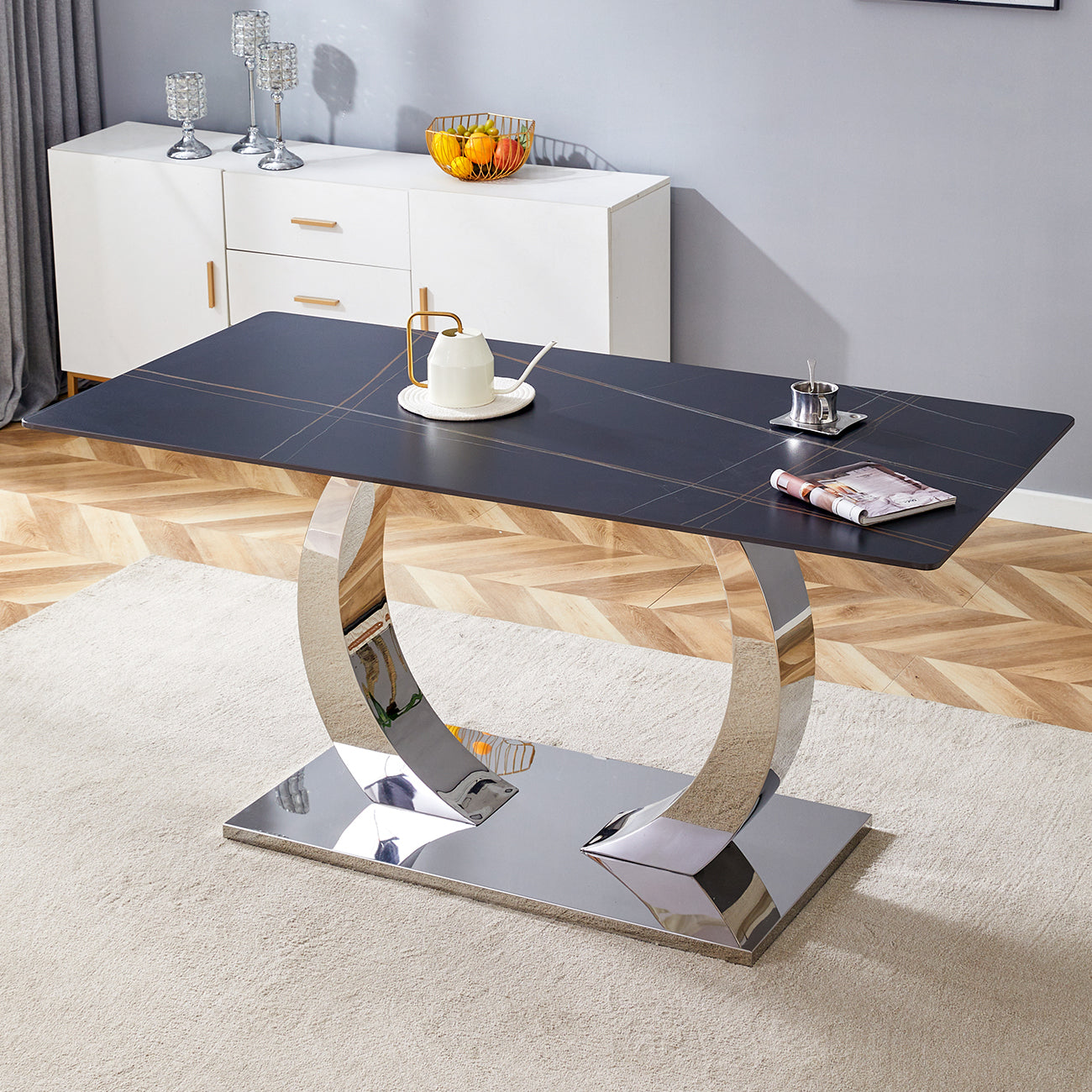 Veyla Stone Dining Table – 63'' Burnt Stone Sintered Top with Silver Legs