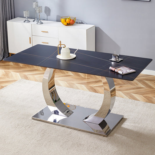 Veyla Stone Dining Table – 63'' Burnt Stone Sintered Top with Silver Legs