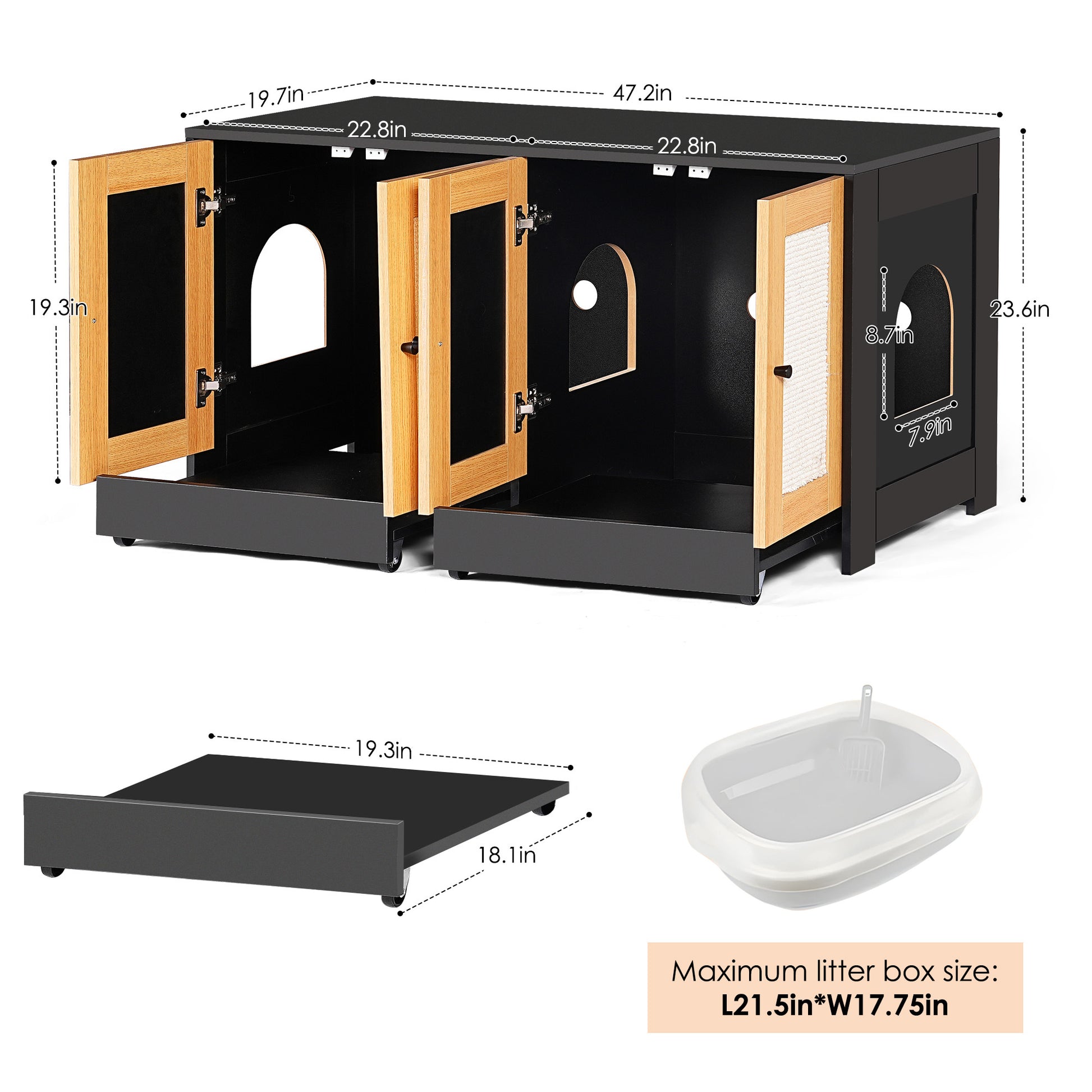 Nuvio Double Litter Enclosure – Black Hidden Cat Box Cabinet with Rattan Doors (Fits 2 Cats) - JUSTLIVE NESTJUSTLIVE NEST