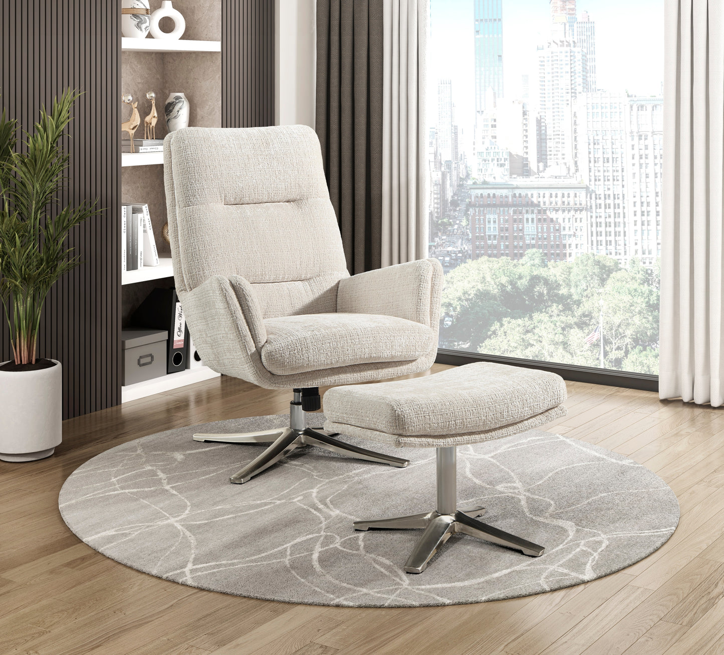 Clavora Chair Set – Sandloom Chenille, Silvex Swivel Base, Restpair Ottoman