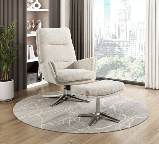 Clavora Chair Set – Sandloom Chenille, Silvex Swivel Base, Restpair Ottoman