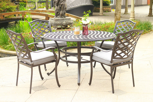 Alera 4-Person Round Dining Set – 49" Aluminum Table with Sunbrella Cushions