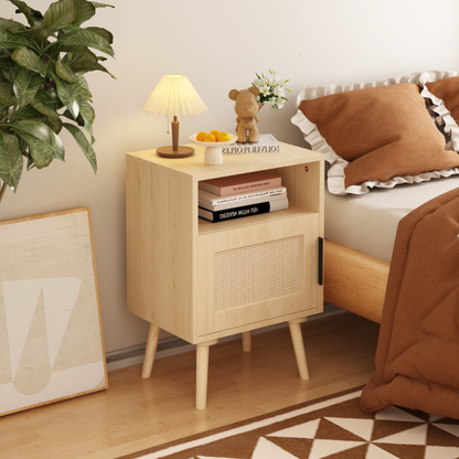 Ravella Rattan Table – 22.83" Oak Nightstand with Woven Door & Solid Wood Legs
