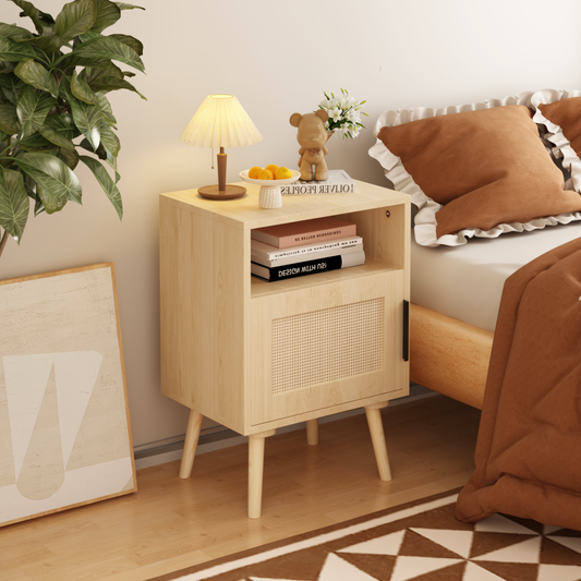 Ravella Rattan Table – 22.83" Oak Nightstand with Woven Door & Solid Wood Legs
