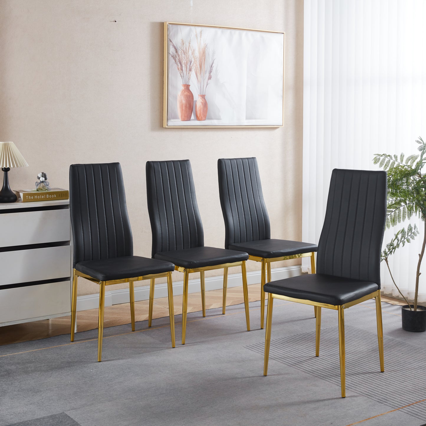 Zelto Dining Chair Set – 4 Black PU Seats with Gold Metal Legs