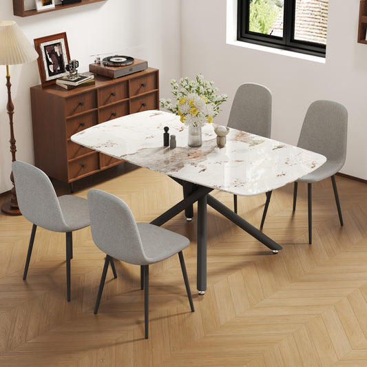 Klyro 63" Dining Set – White Marbleglass Table with 4 Lineluxe Gray Chairs & Black Fork Base