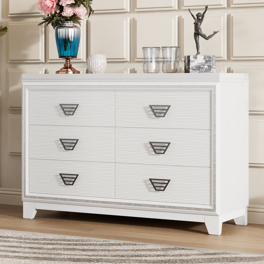Lunari 6-Drawer Glam Dresser – White Storage Cabinet with Shine Trim & Metal Pulls