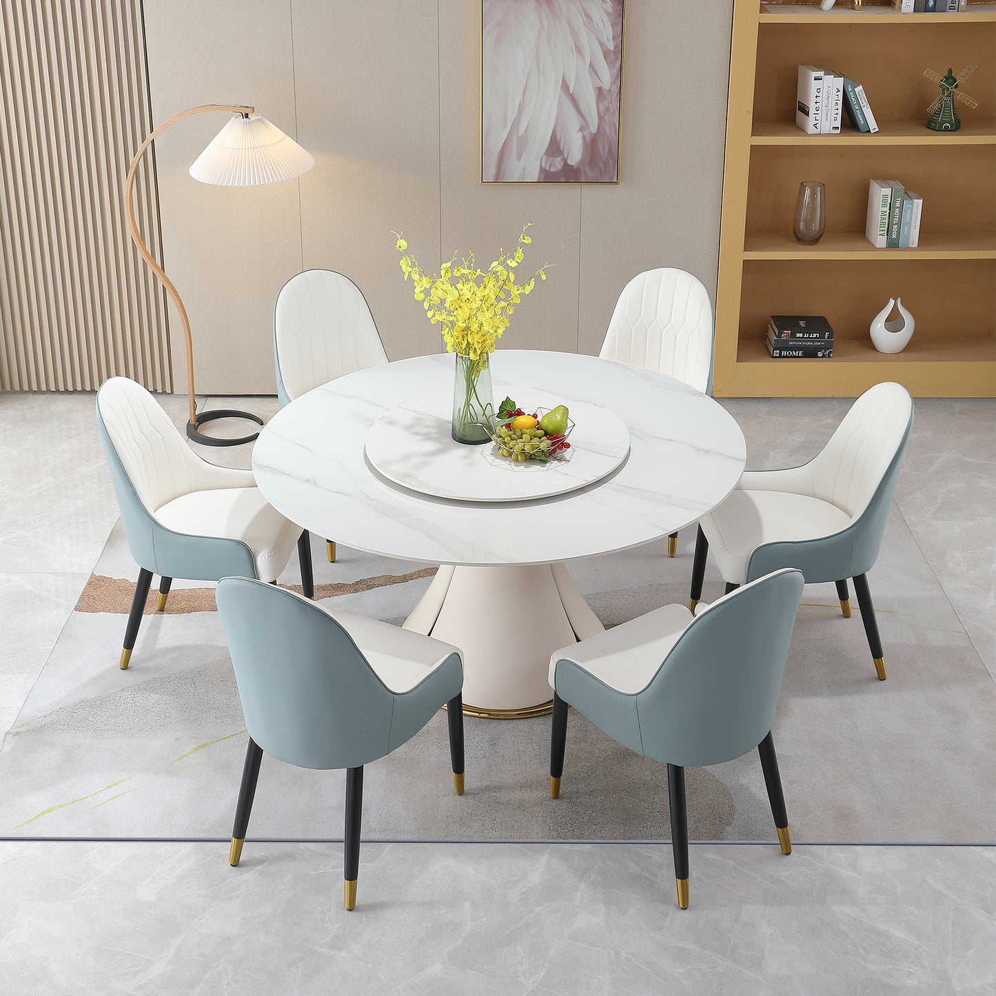 Evara 59" Sintered Stone Dining Set – Includes 31.5" Turntable & 6 Chairs