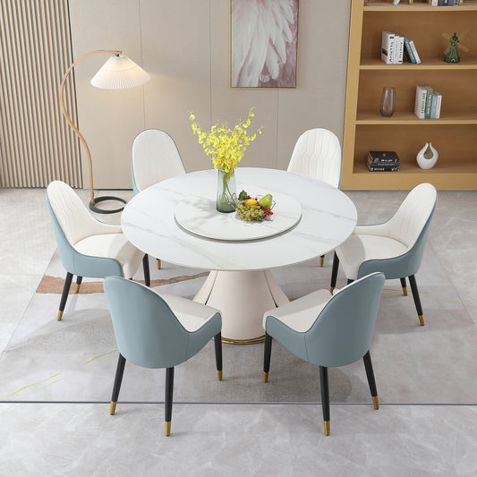 Evara 59" Sintered Stone Dining Set – Includes 31.5" Turntable & 6 Chairs
