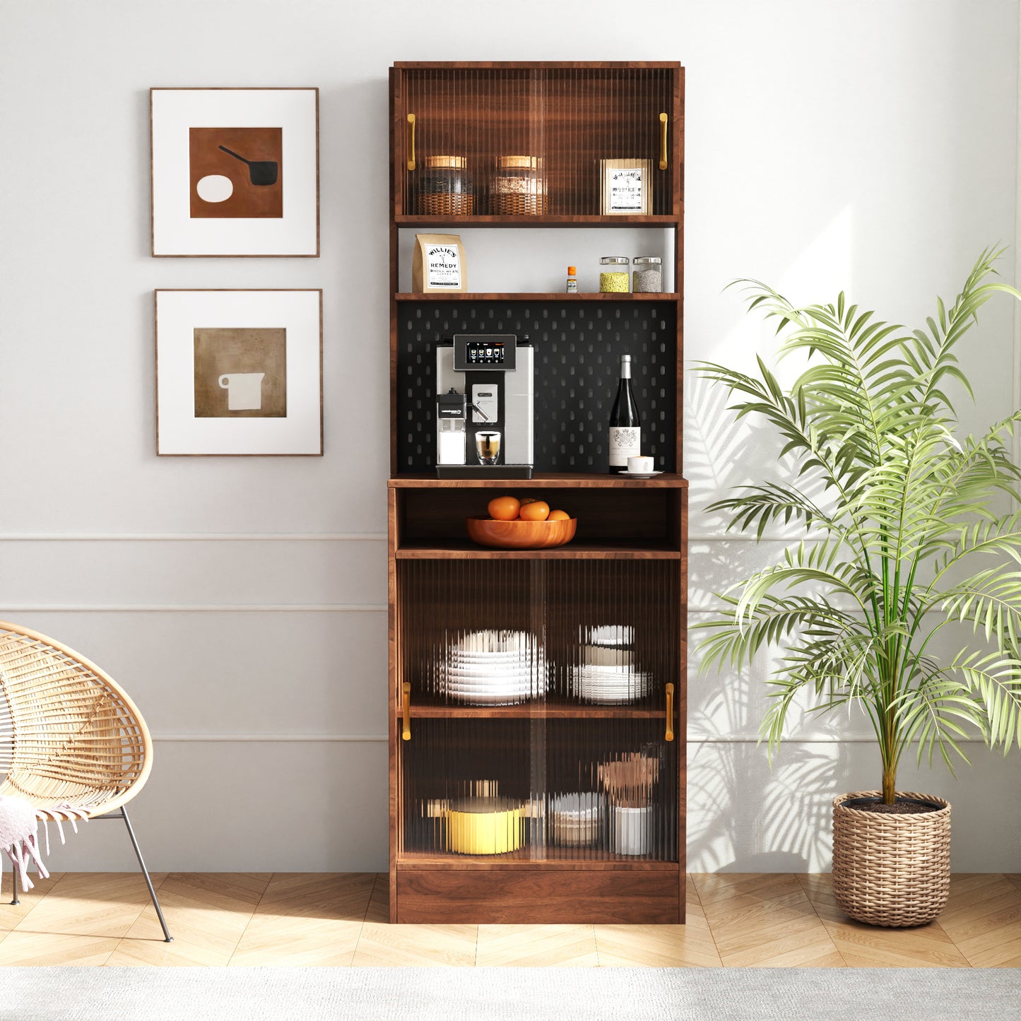 Stripra Pantry Console – Sliding Glass-Door Kitchen Sideboard for Microwave, Wine & Storage