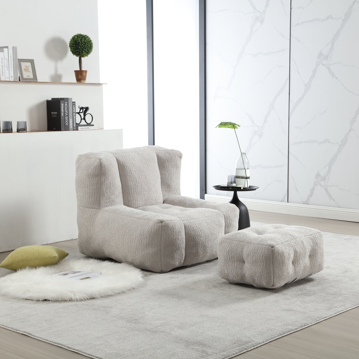 Cloudi Lounge Set – Fluffy Memory Foam Bean Chair with Ottoman for Cozy Indoor Use