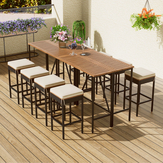 GO 10-Piece Bar-Height Patio Set – Acacia Wood Table with 8 Cushioned Rattan Stools & Foldable Top