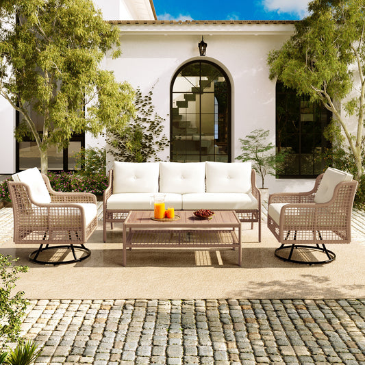 Solvia Lounge Set – 4-Piece Beige Wicker Sectional with Swivel Chairs (5-Seater)