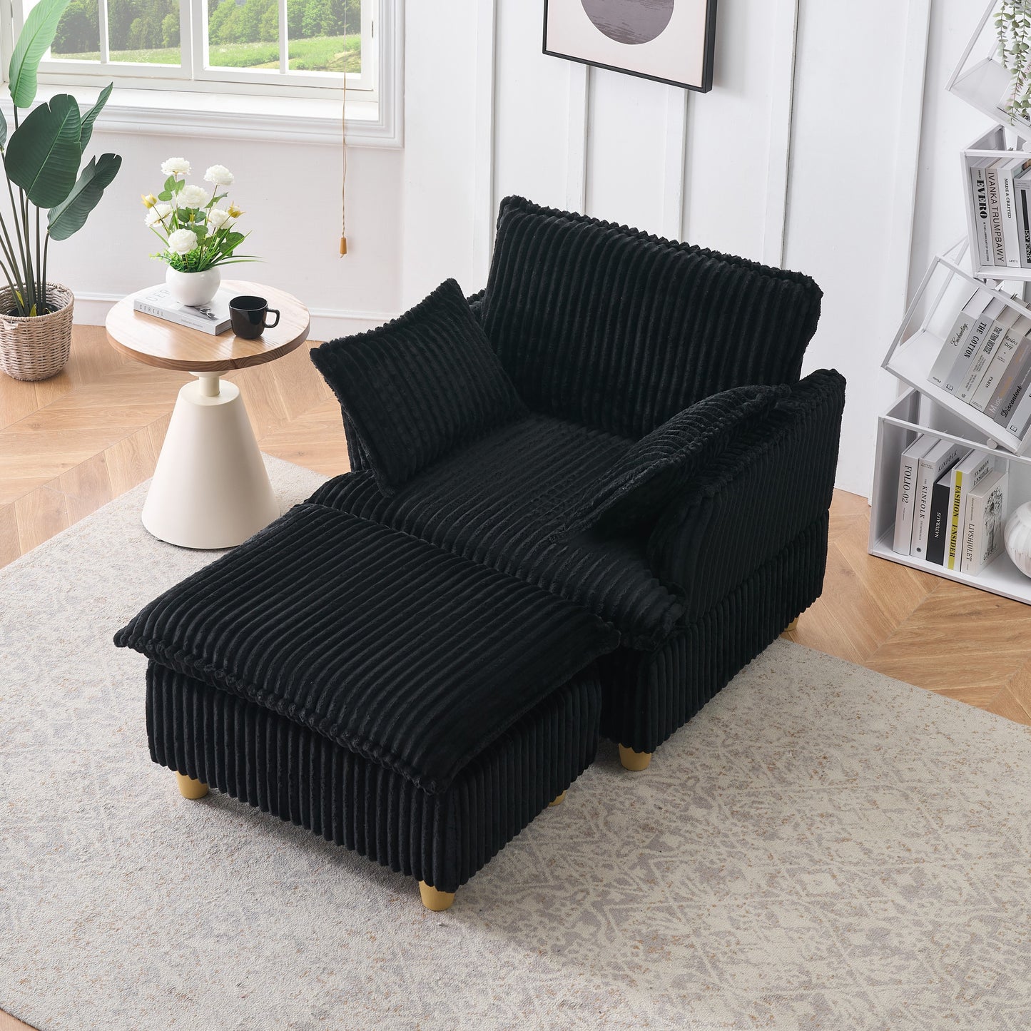 Elysian Corduroy Lounger – Premium Single Sofa with Ottoman and Throw Pillows