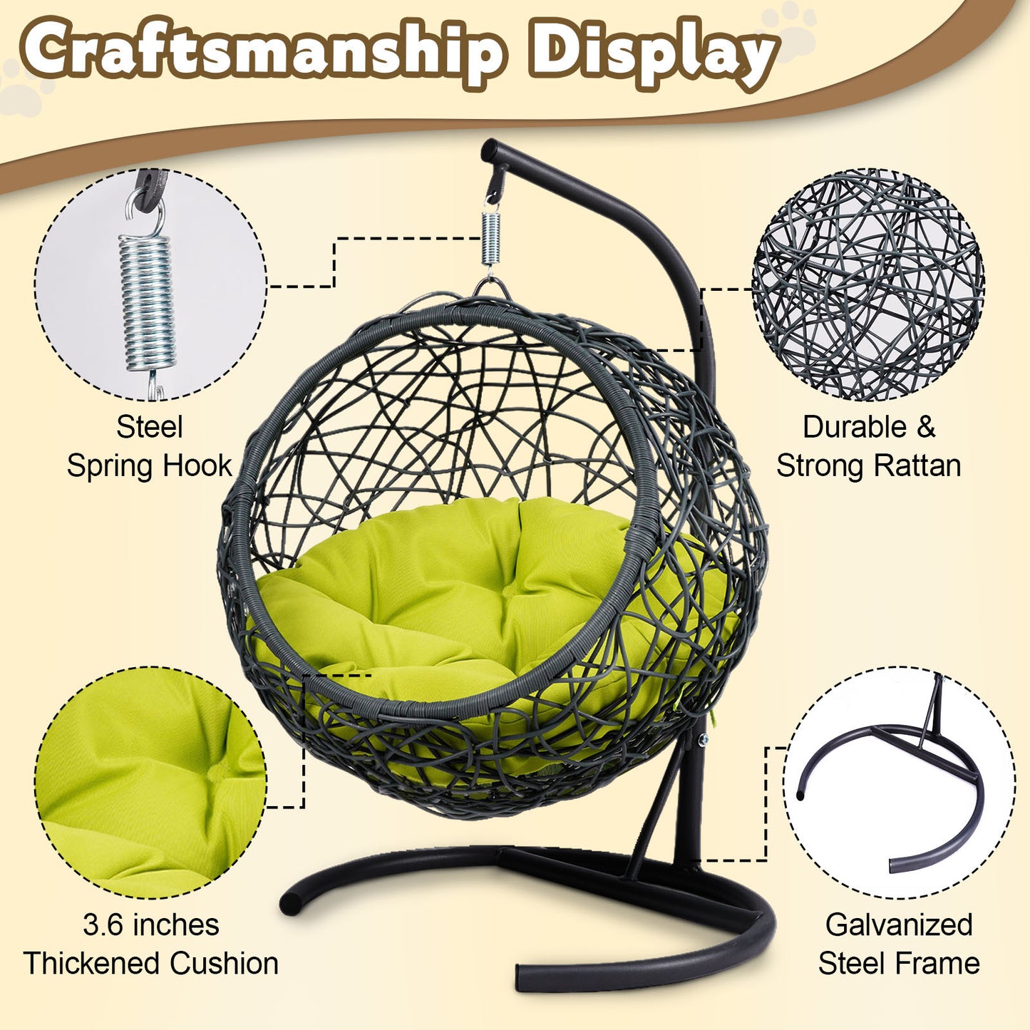Nuvio Cat Swing Lounge – Green Hanging Egg Bed with Rattan Look, Stand & Cushion - JUSTLIVE NESTJUSTLIVE NEST