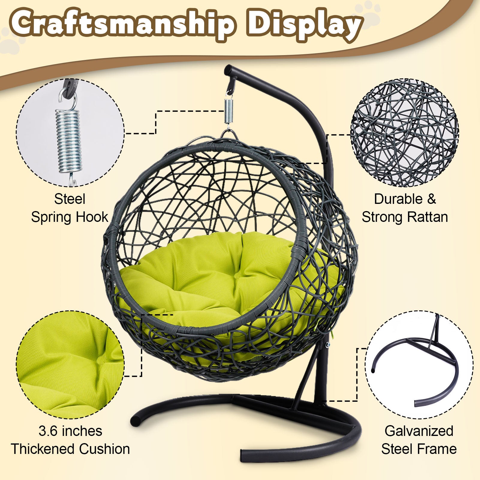 Nuvio Cat Swing Lounge – Green Hanging Egg Bed with Rattan Look, Stand & Cushion - JUSTLIVE NESTJUSTLIVE NEST