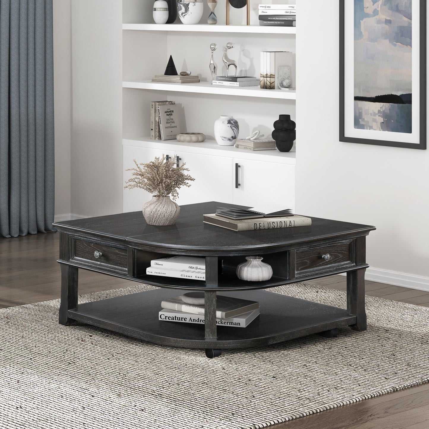Charwin Lift Table – Charcoal Woodgrain with Drawer, Lift-Top, and Open Shelf Storage