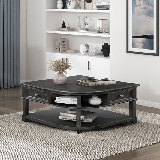 Charwin Lift Table – Charcoal Woodgrain with Drawer, Lift-Top, and Open Shelf Storage
