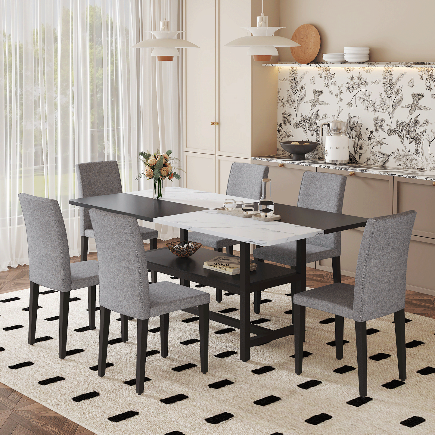 Duowood 7‑Piece Dining Set – Two-Tone Table with Storage and 6 Gray Linen Chairs