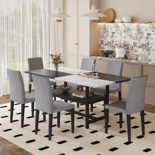 Duowood 7‑Piece Dining Set – Two-Tone Table with Storage and 6 Gray Linen Chairs