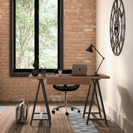 Sawhorse Compact Desk – Small Walnut Veneer Desk with Metal Base
