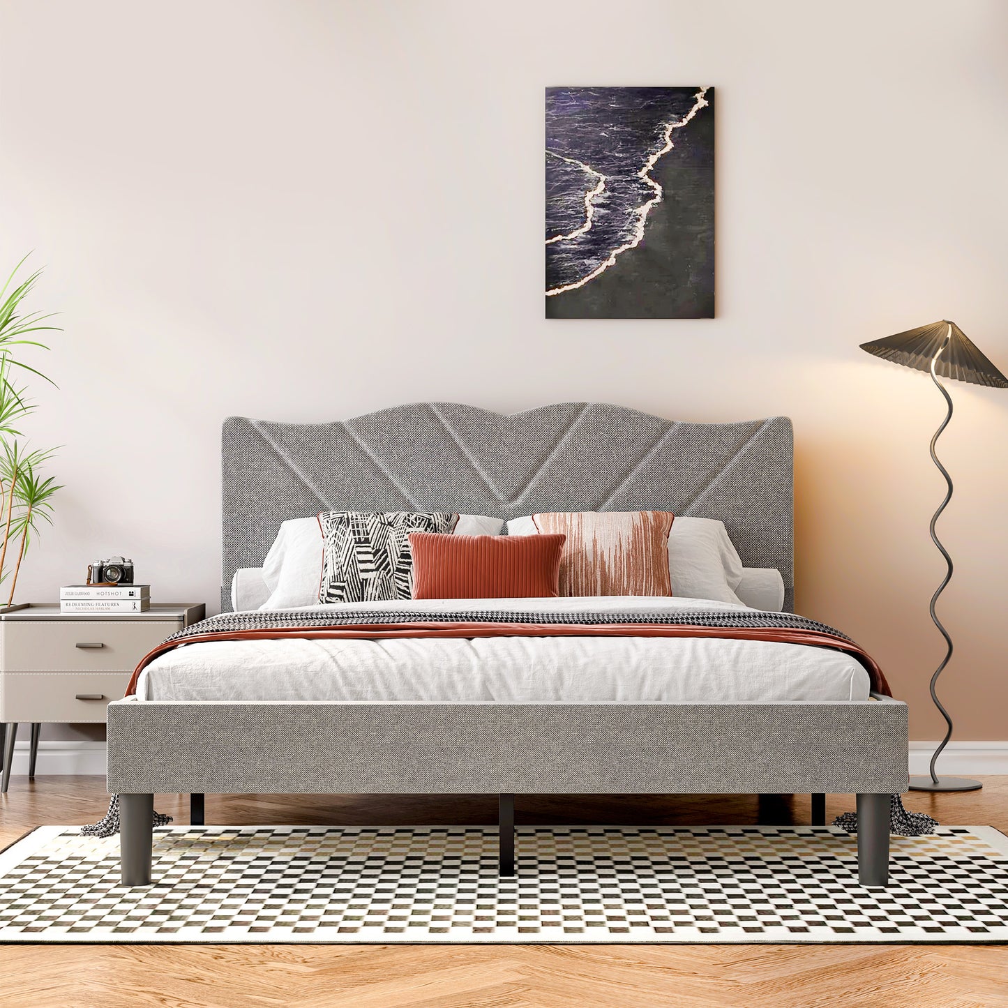 Pluvia Queen Bed – Grey Upholstered Platform Frame with Wooden Slats (No Box Spring Needed)