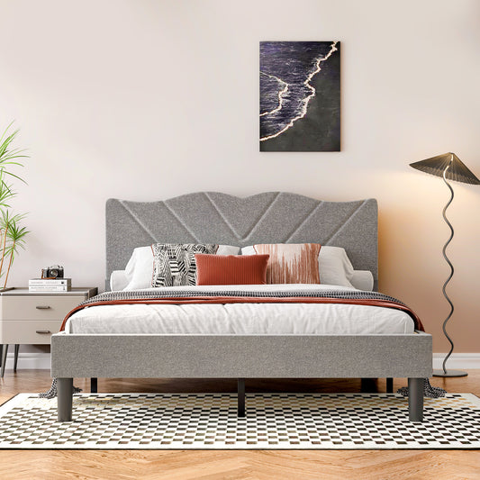 Pluvia Queen Bed – Grey Upholstered Platform Frame with Wooden Slats (No Box Spring Needed)