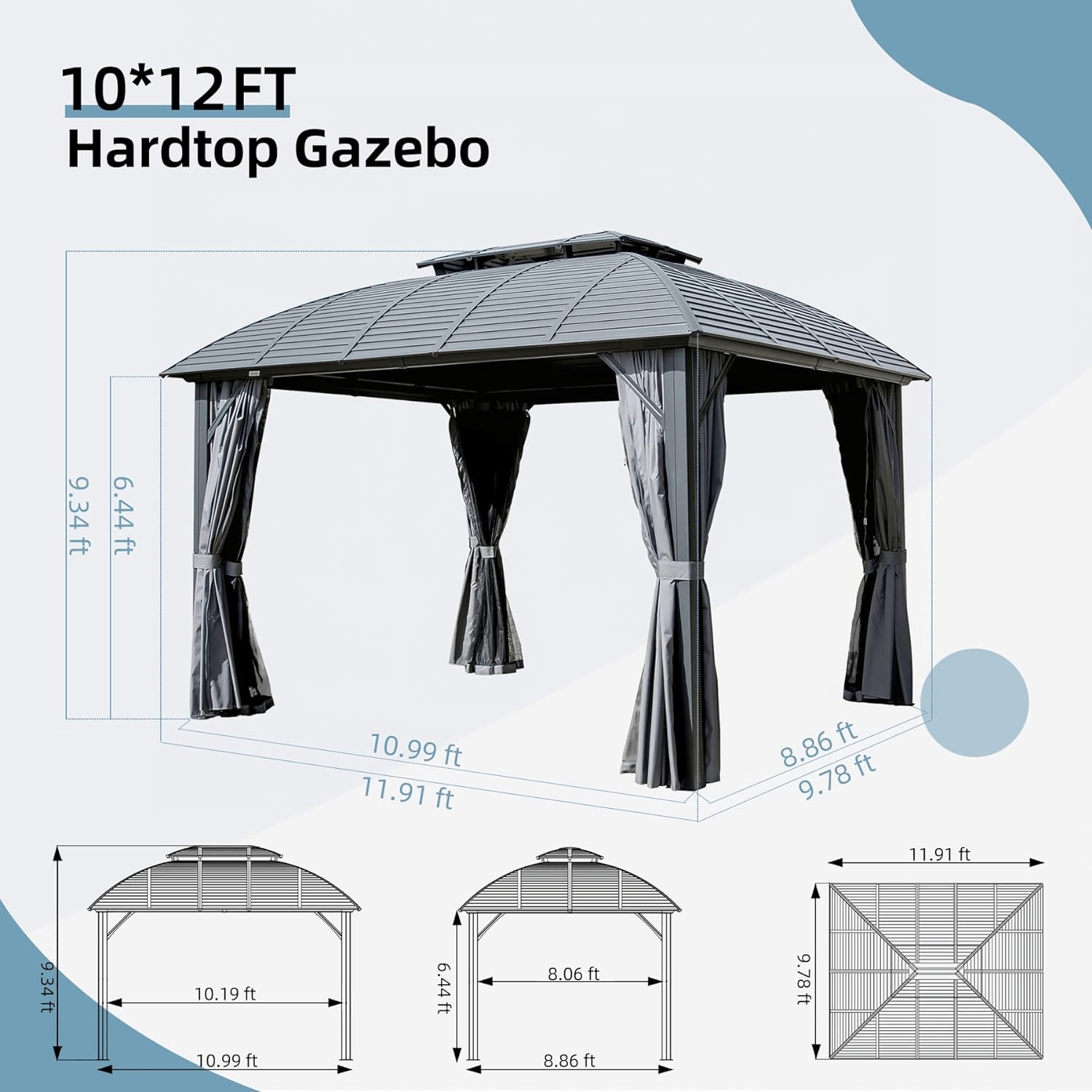 Aurelia 10x12' Hardtop Gazebo – Aluminum Frame Pavilion with Double Steel Roof, Curtains & Netting - JUSTLIVE NESTJUSTLIVE NEST