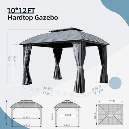 Aurelia 10x12' Hardtop Gazebo – Aluminum Frame Pavilion with Double Steel Roof, Curtains & Netting - JUSTLIVE NESTJUSTLIVE NEST