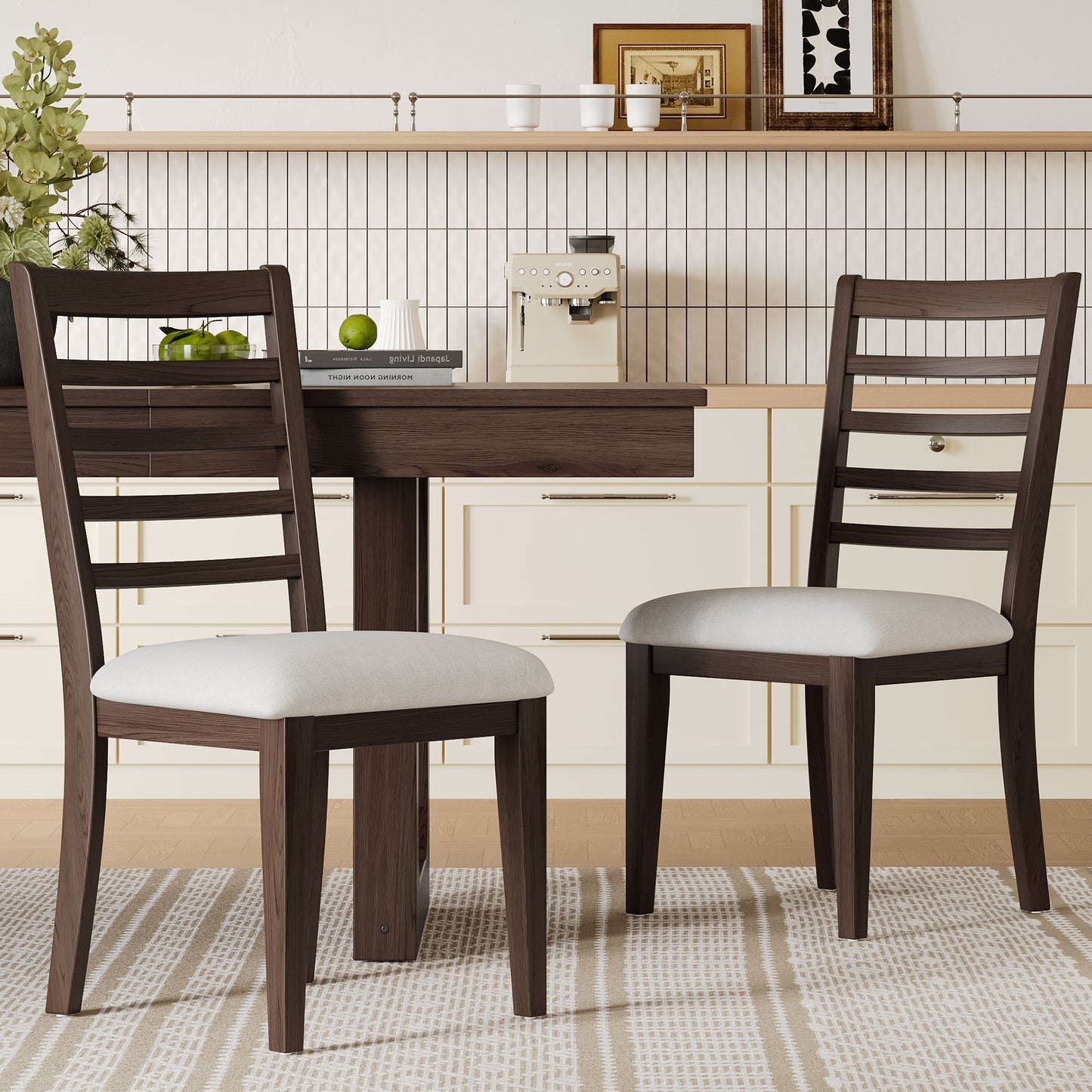 Harlan Farmhouse Chairs – 2 Armless Ladder Back Upholstered Kitchen Seats