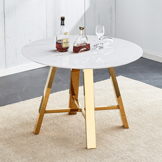 Velora 42'' Round Dining Table – White Pattern MDF Top with Stainless Steel Legs