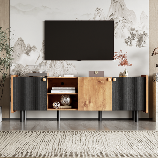 Midvyn 70 Console – Wood Top TV Stand with 3 Cabinets & Mid-Century Form