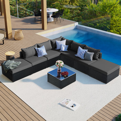 Solvara 8-Piece Wicker Sectional – Modular Black Rattan Sofa Set with Gray Cushions